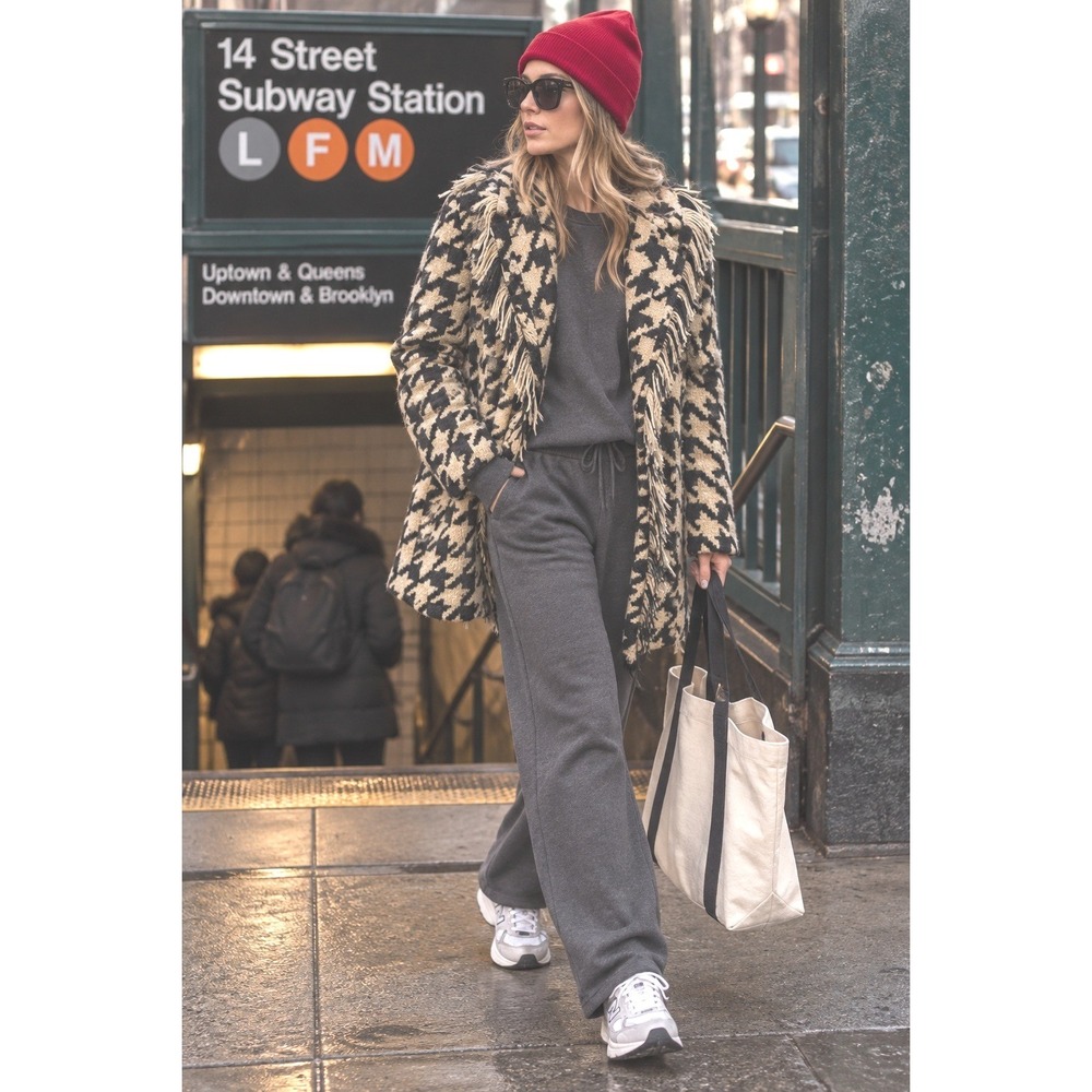Houndstooth wool blend coat fringe accent houndstooth festival coat coverup LG